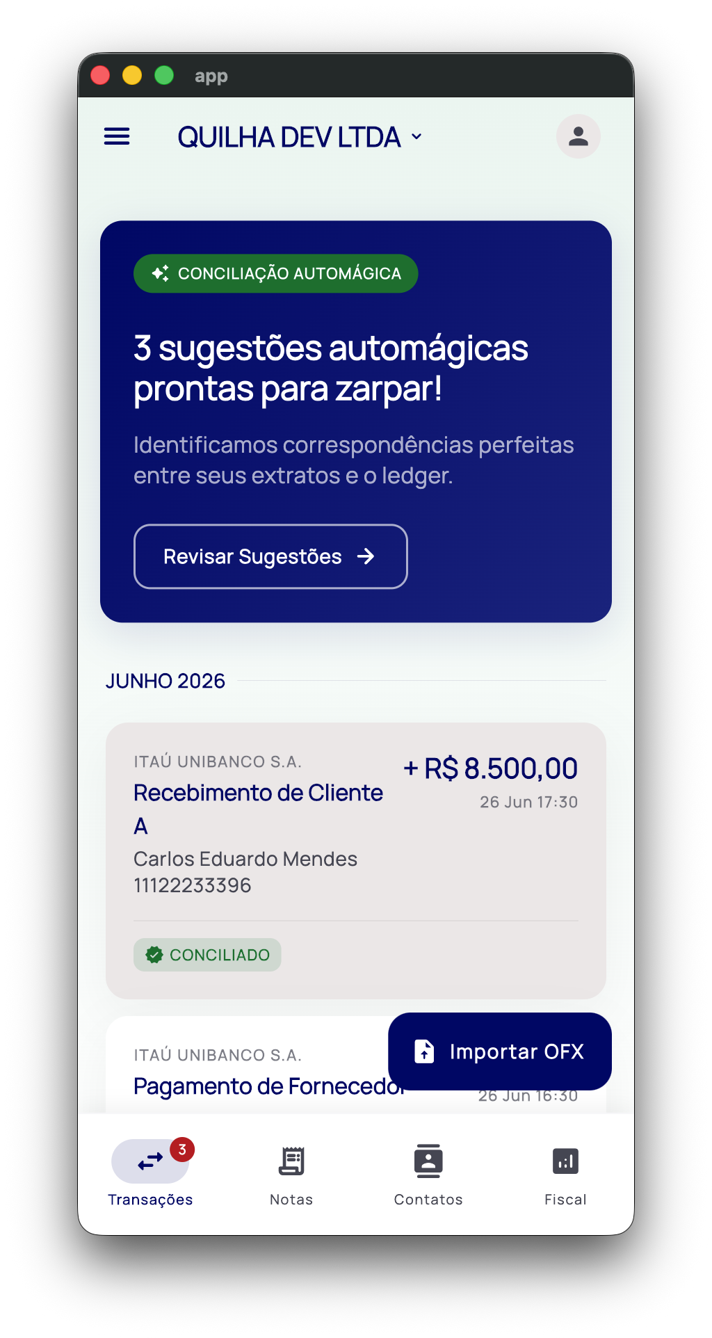 Painel principal do Quilha Fiscal