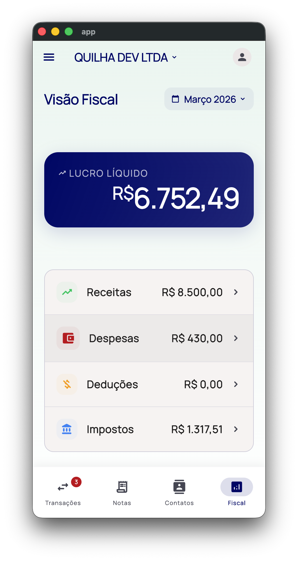 Tela de Transações com o extrato importado