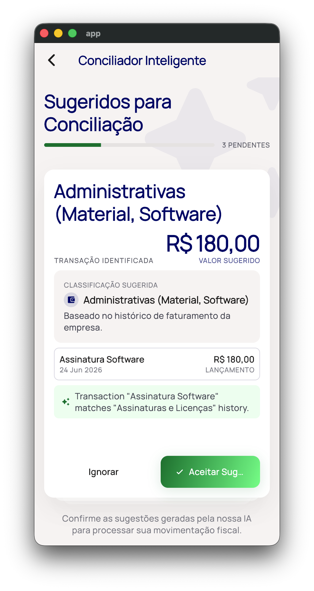 Banner de sugestões e tela de revisão da conciliação