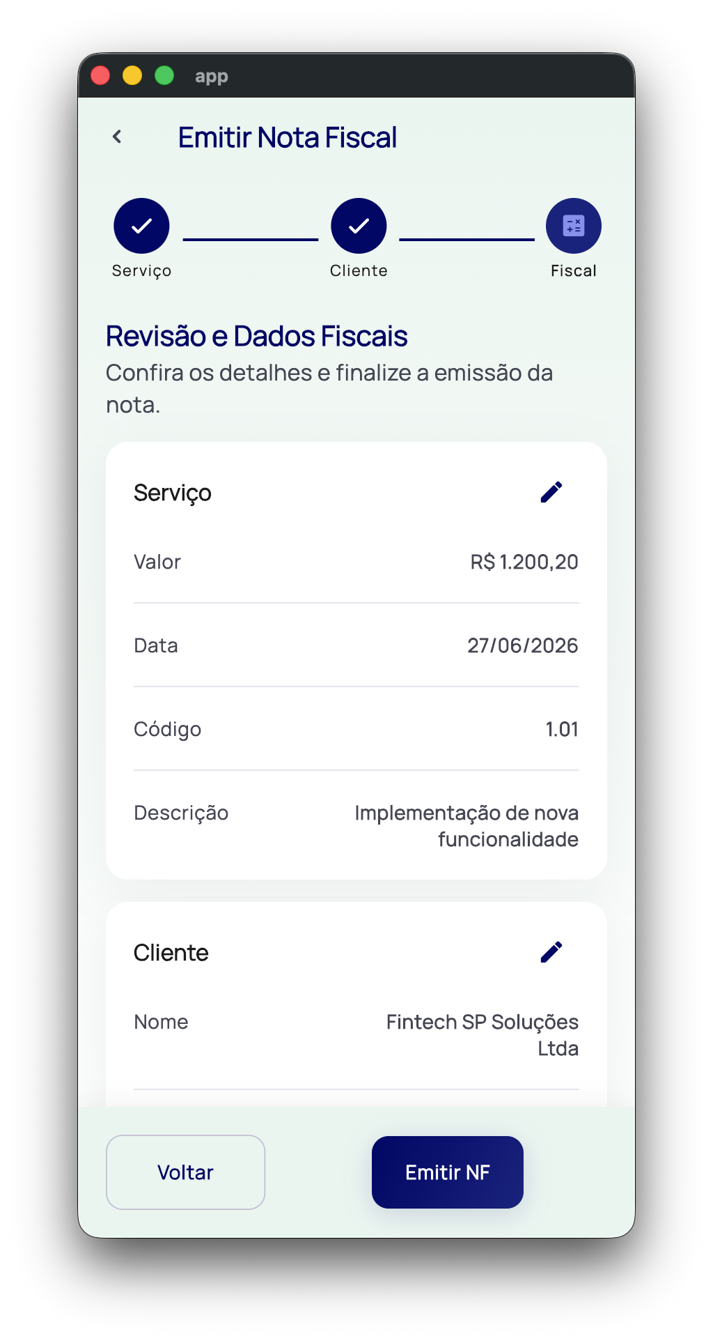 Fluxo de emissão de Nota Fiscal de Serviço