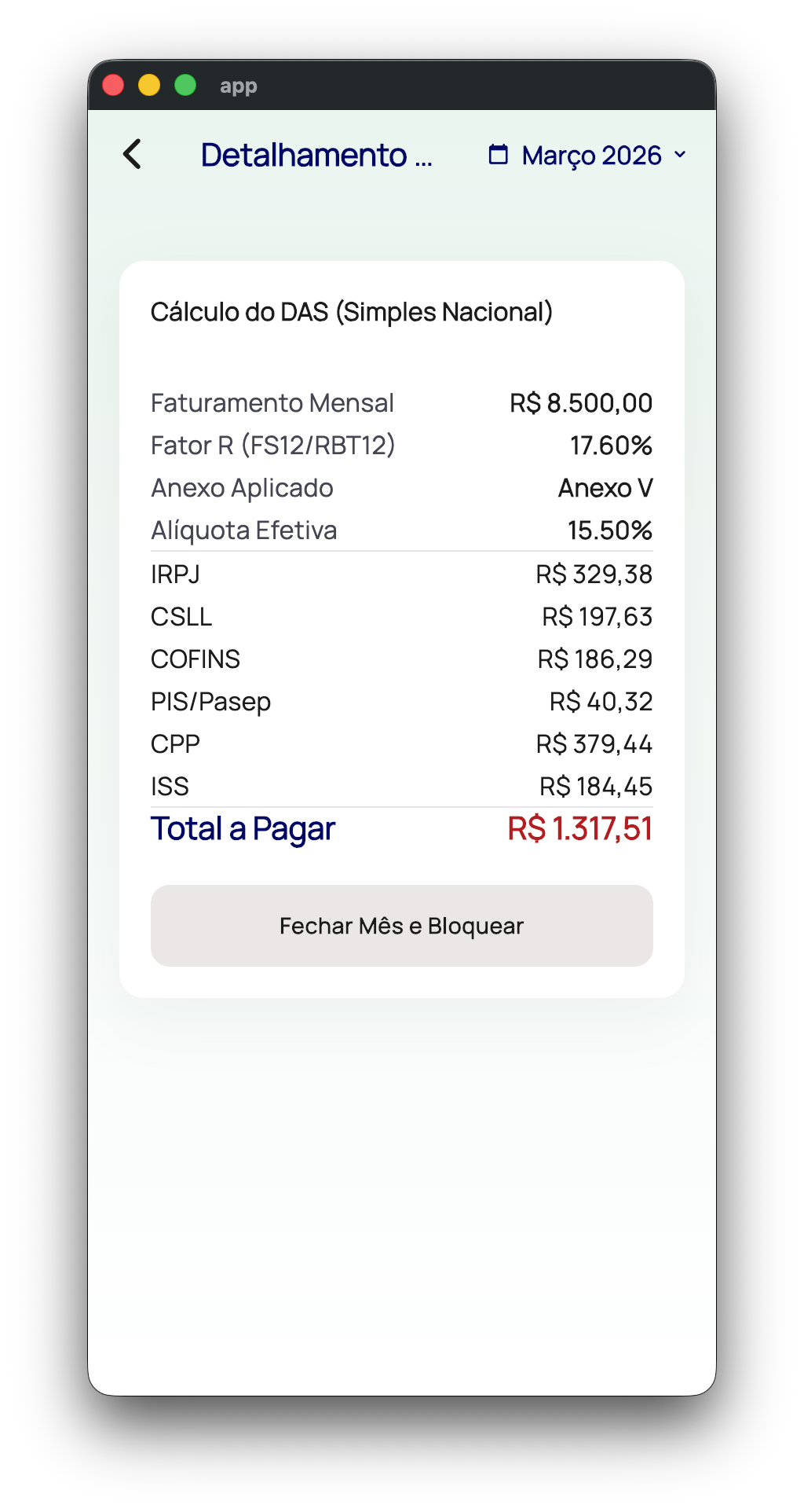 Painel de impostos com projeção de DAS e Fator R