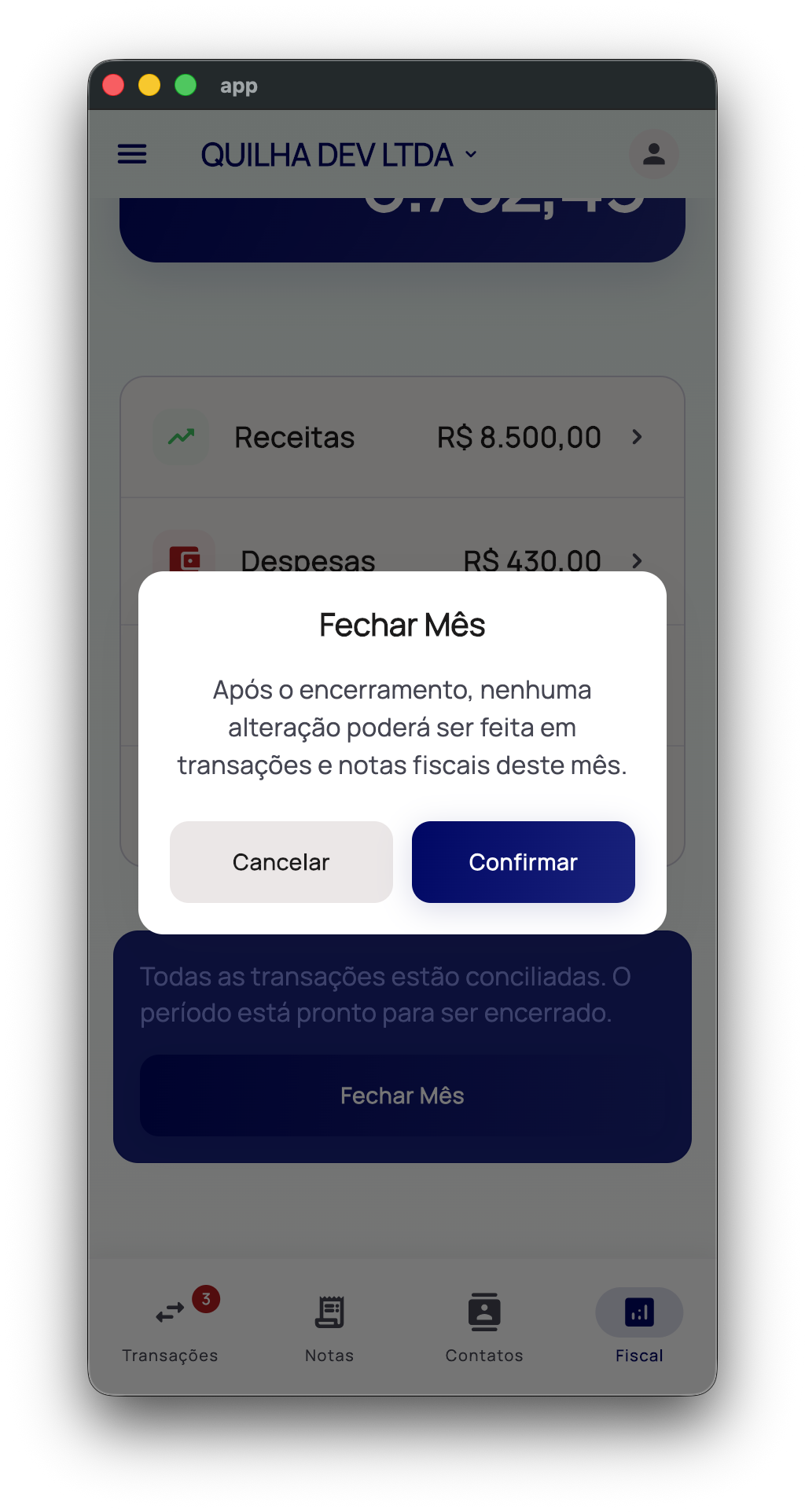 Tela de fechamento do período contábil